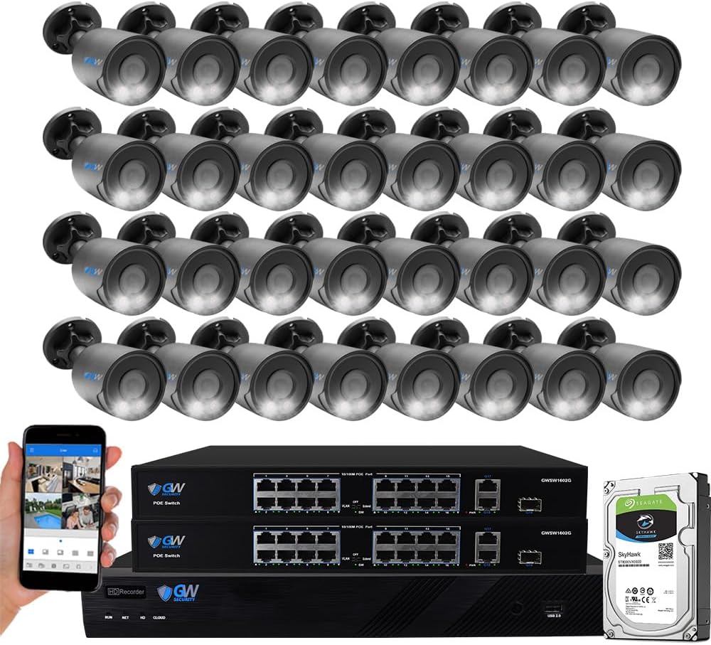 GW 4K Outdoor/Indoor Face Recognition/Human/Vehicle Detection Security Camera System, 32 Channel 12MP PoE NVR, 32 x 4K 8MP UltraHD Smart AI IP Microphone Bullet Camera, 24-7 Video & Audio Recording