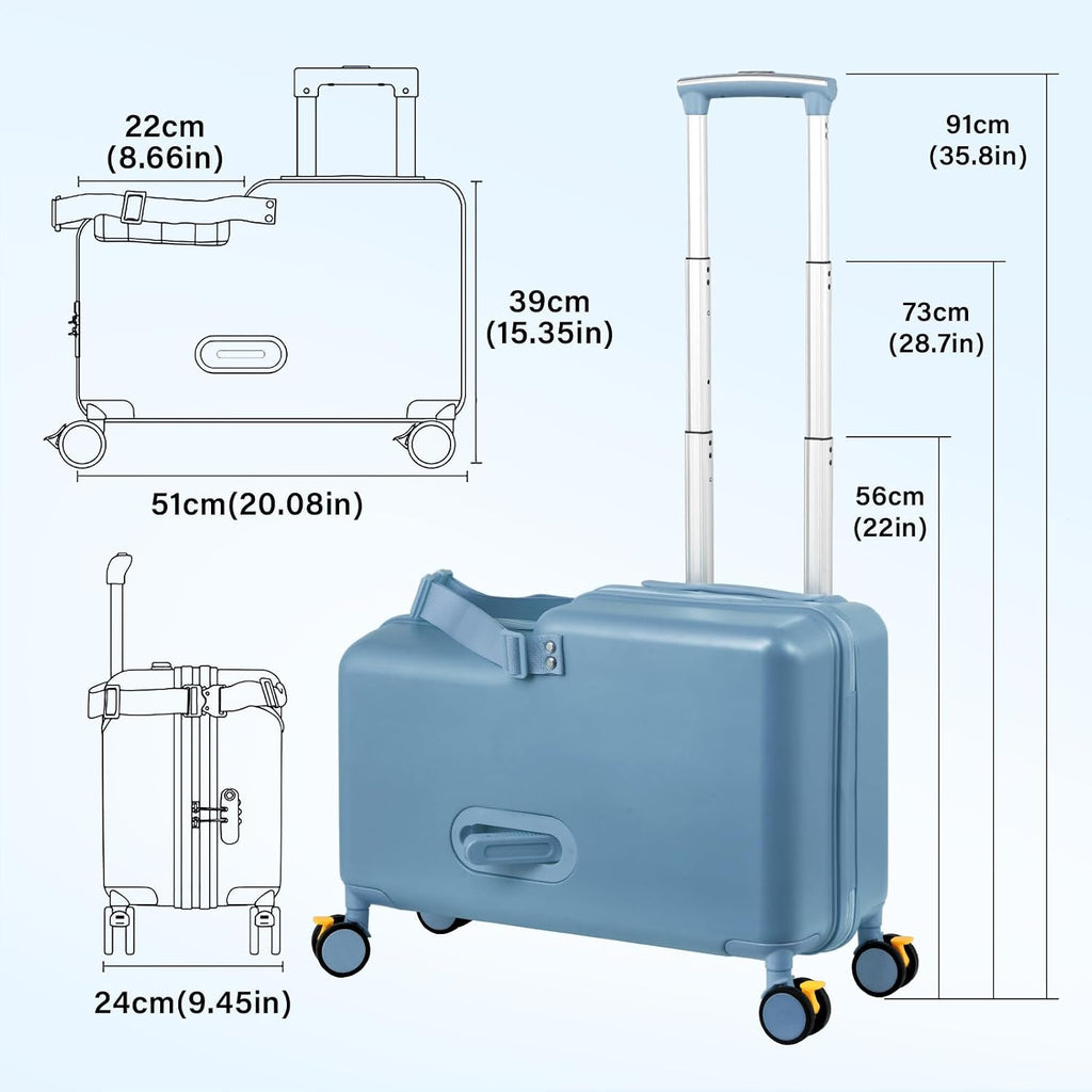Kids Ride On Suitcase | 20 Inch Kid Carry-On Luggage with Seat, Folding Handlebar & Adjustable Belt | Fun Rideable Travel Case for Boys & Girls, Ideal for Airplane Travel
