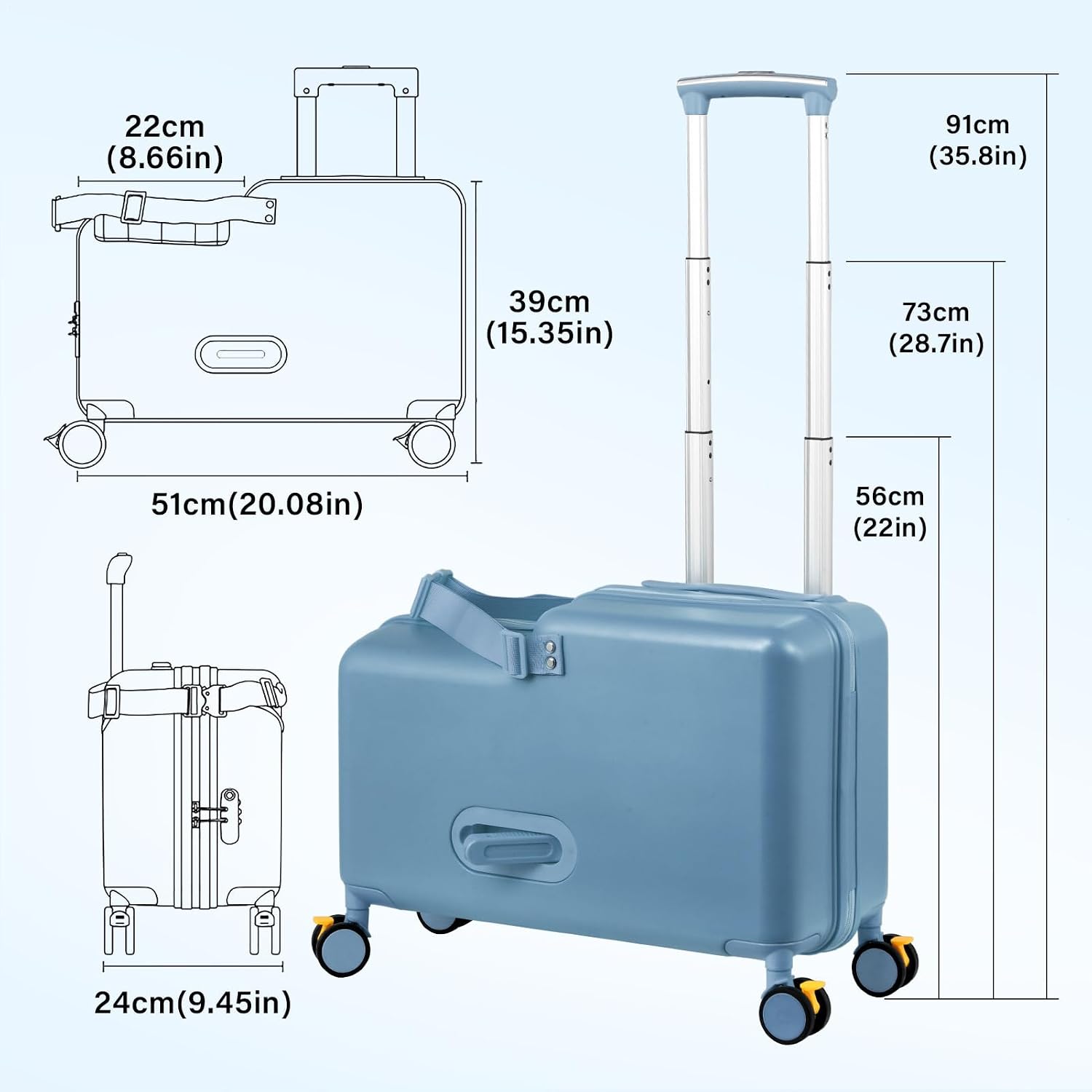 Kids Ride On Suitcase | 20 Inch Kid Carry-On Luggage with Seat, Folding Handlebar & Adjustable Belt | Fun Rideable Travel Case for Boys & Girls, Ideal for Airplane Travel