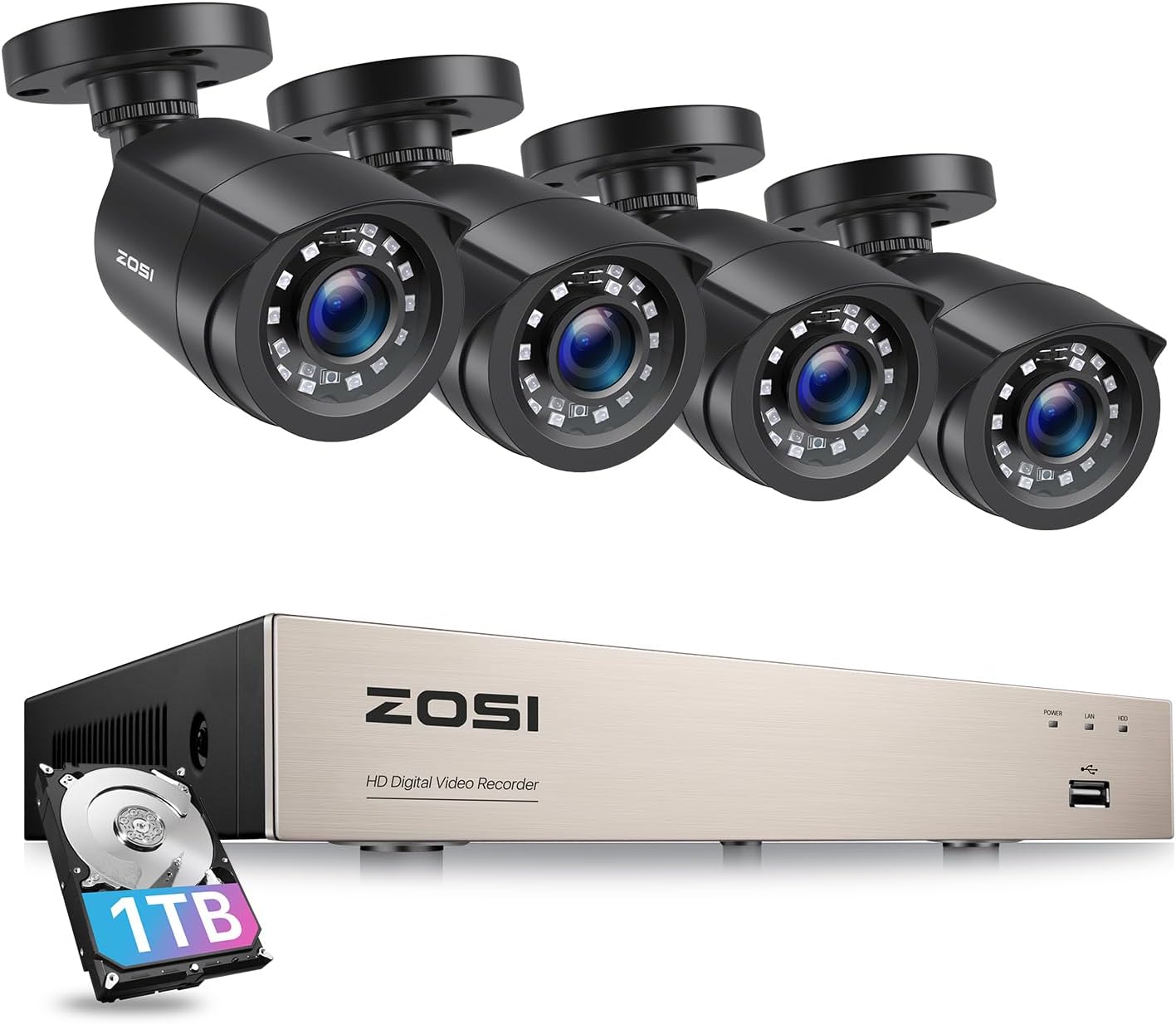 ZOSI 8CH Outdoor CCTV Camera System with AI Human Vehicle Detection, 5MP Lite H.265+ DVR Recorder with 1TB Hard Drive and 4pcs 1080P Weatherproof Security Cameras, Night Vision, Remote Access, 15fps