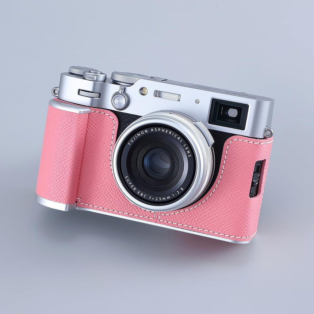 Camera Half Case for Fujifilm Fuji X100VI,Vintage Metal Genuine Leather Instant Camera Protective Cases Stylish Portable Shockproof (Pink)