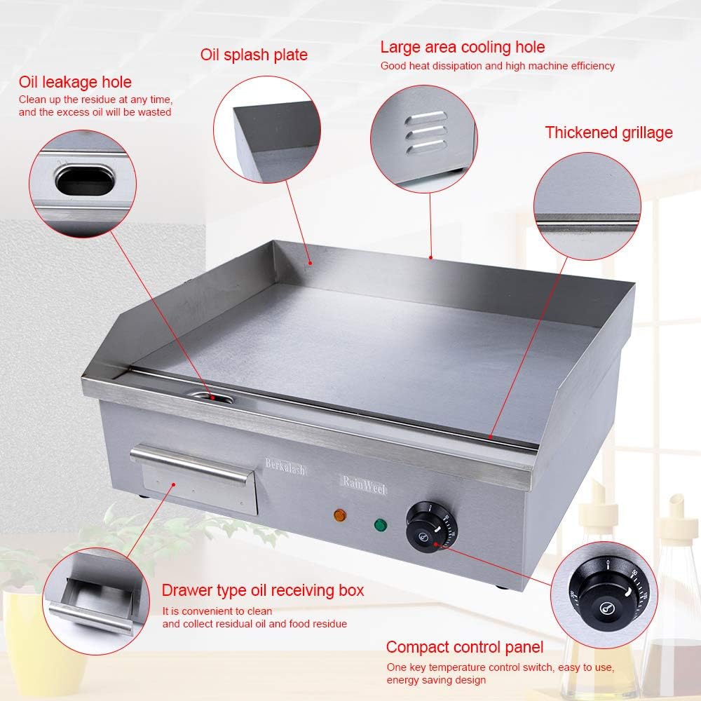 Commercial Electric Griddle 110V 3000W Electric Flat Top Griddle Non-Stick Teppanyaki Grill, 22'' x 14'' Cooking Plate, Stainless Steel Restaurant Electric Countertop Griddle Tabletop Grill