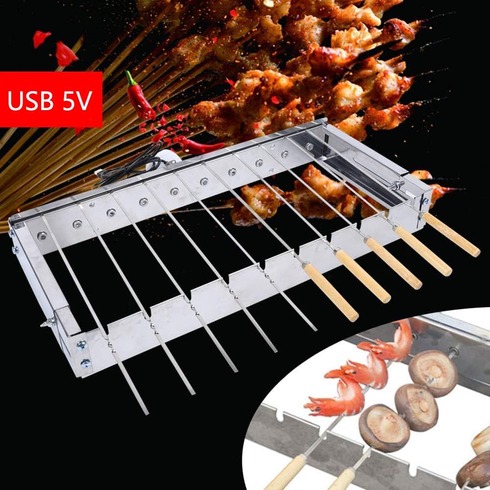 10 Holes Automatic Rotating BBQ Grill - Stainless Steel Skewer Turner for Camping & Picnics, USB Powered Kabob Maker, Outdoor Barbecue Tool, Easy to Use, Silver