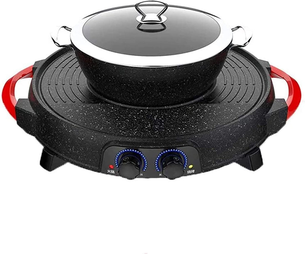 Electric Grill 2 in 1 Electric Pan Shabu Hot Pot BBQ with 5 Temperature adjustments for Indoor Outdoor (Color : Black 1, Size : 52 * 52 * 15cm)
