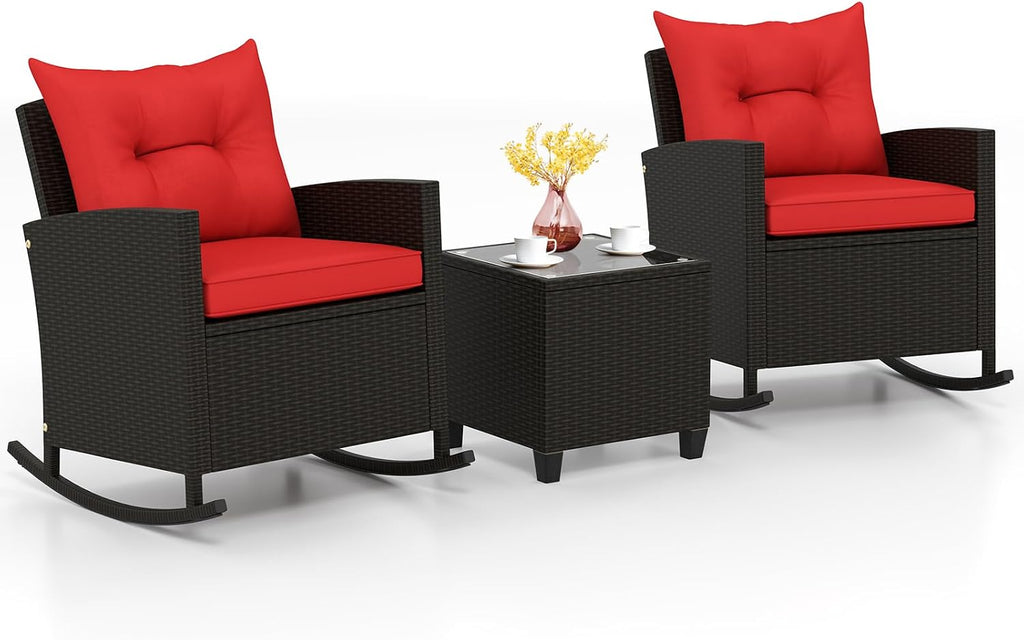 KOTEK 3 Piece Patio Furniture Rocking Bistro Set, Wicker Outdoor Rocking Chairs & Glass Table, PE Rattan Conversation Set for Porch, Balcony, Deck, Poolside (Mix Brown- Red)