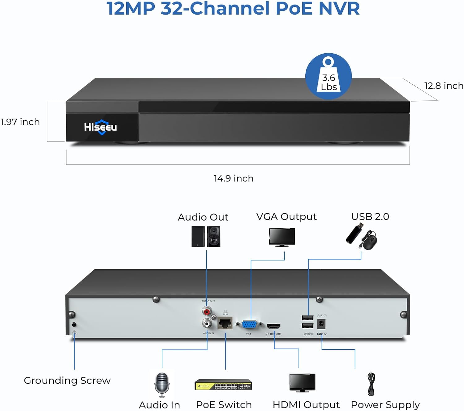 Hiseeu 12MP 32CH PoE NVR Network Video Recorder for Home Security Camera System, Work with 12MP/8MP/5MP/4MP/3MP/1080P PoE Security Camera, Motion Detect,24/7 Recording, Smart Playback, No Hard Drive