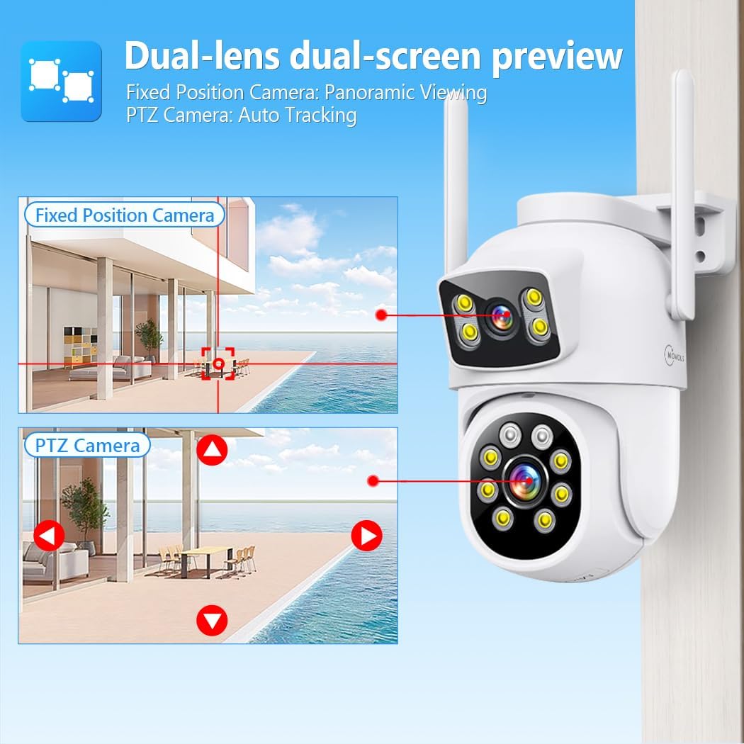 MOVOLS Wireless Security Camera System 5G/2.4G WiFi 4pcs 4MP+4MP Dual Lens Camera with 10' LCD Monitor Screen NVR System,2K HD PTZ Cameras with Color Night Version, Motion Detection,500GB HDD,10CH
