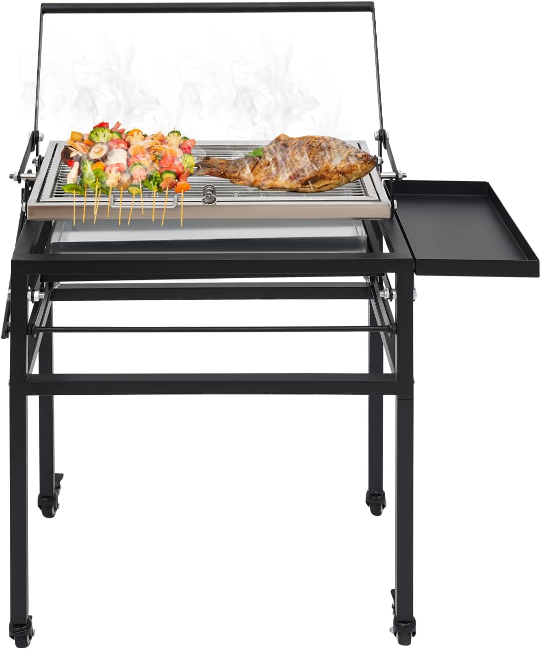 360° Rotating Charcoal Grill with Removable Legs - Portable BBQ Grill for Outdoor Camping, Backyard & Tailgating, Adjustable Height, 2 Lockable Wheels & Side Tray, Easy to Clean & Assemble