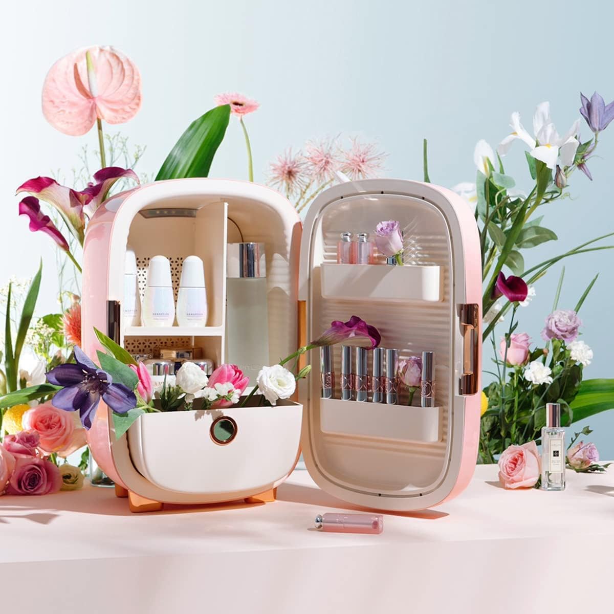 JSTPRO Skincare Fridge 12 Liter, Beauty Fridge for Comestic Storage, 10°C/50°F + Intelligent Constant Temperature Control Mini Compact Pink Cosmetics Refrigerator for Makeup Lipstick