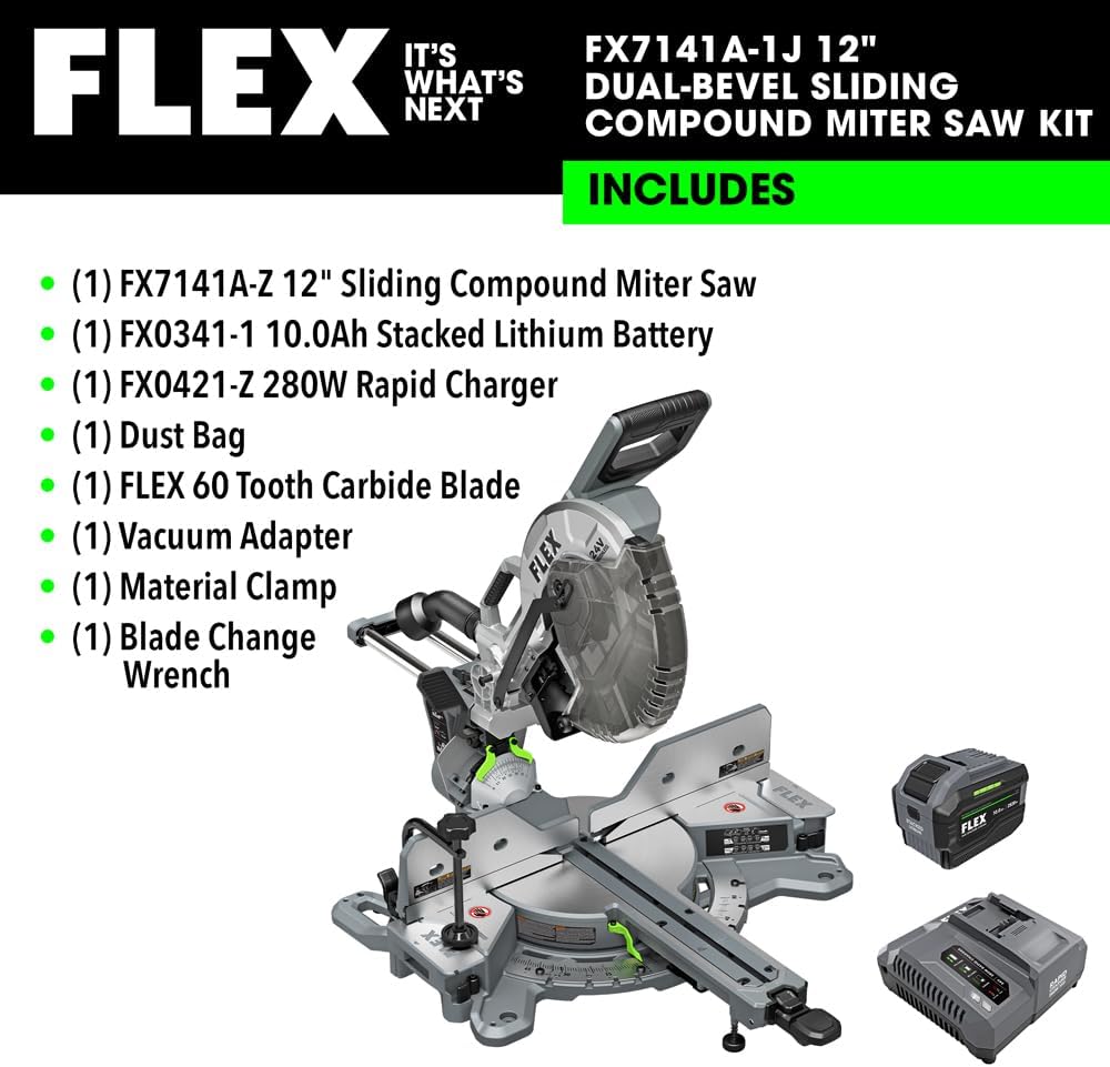 FLEX 24V Brushless Cordless 12-Inch Dual Bevel Sliding Miter Saw Kit with 10.0Ah Stacked Lithium Battery and 280W Rapid Charger - FX7141A-1J