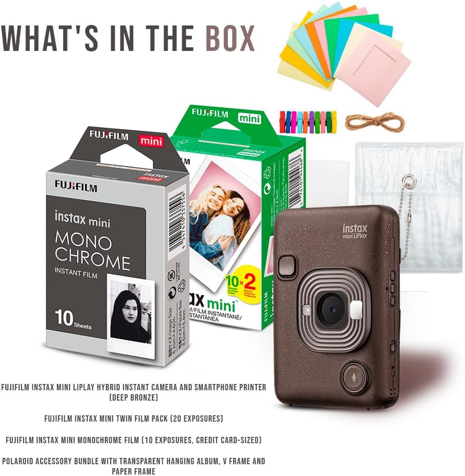 Fujifilm Instax Mini LiPlay Hybrid Instant Camera and Smartphone Printer (Deep Bronze) Bundle with Instax Mini Twin Film Pack (20 Exposures), Instax Mini Monochrome Film, and Accessory Kit (4 Items)