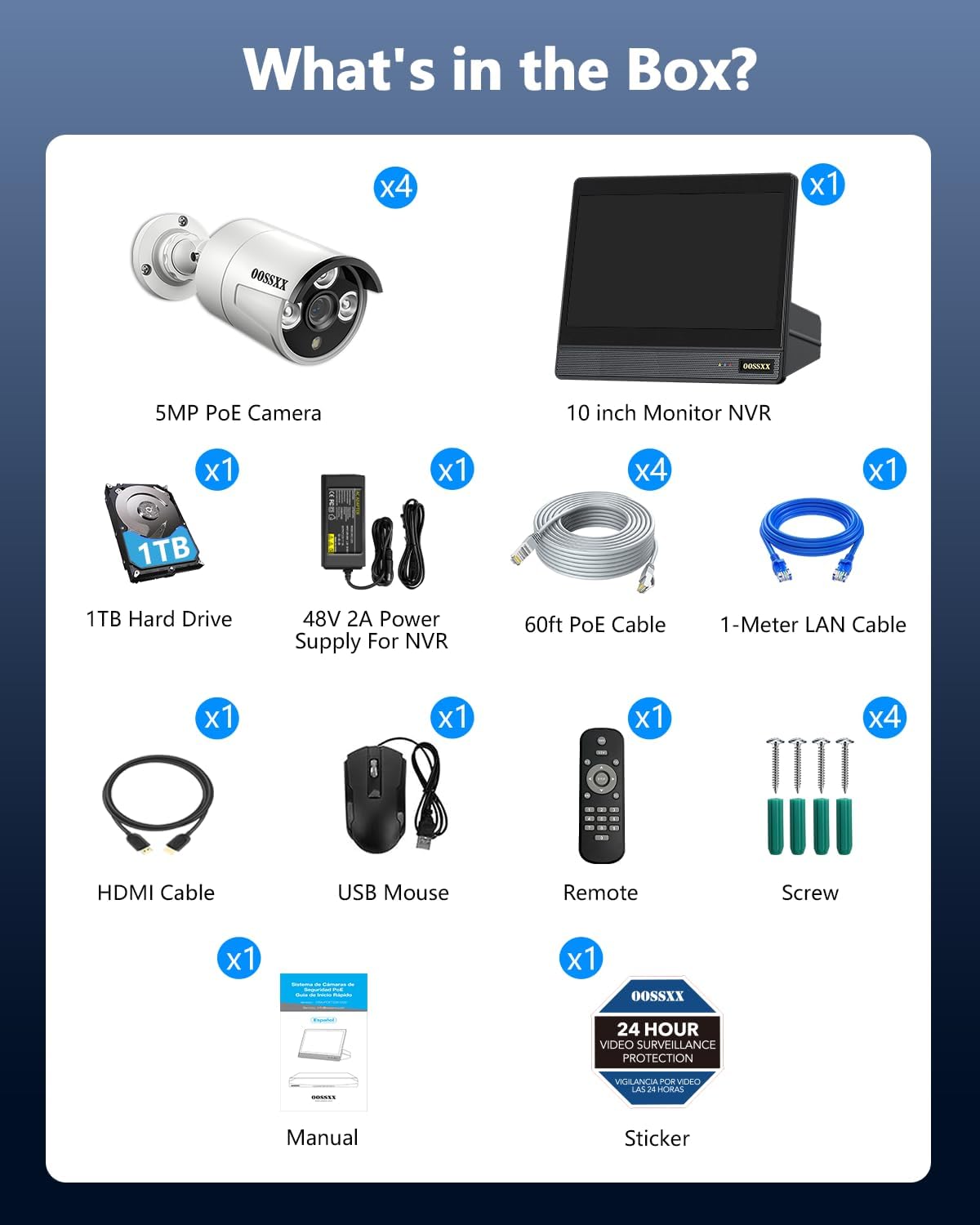 OOSSXX Outdoor Wired Security Camera System PoE Outdoor Surveillance Video Cameras Systems with Monitor
