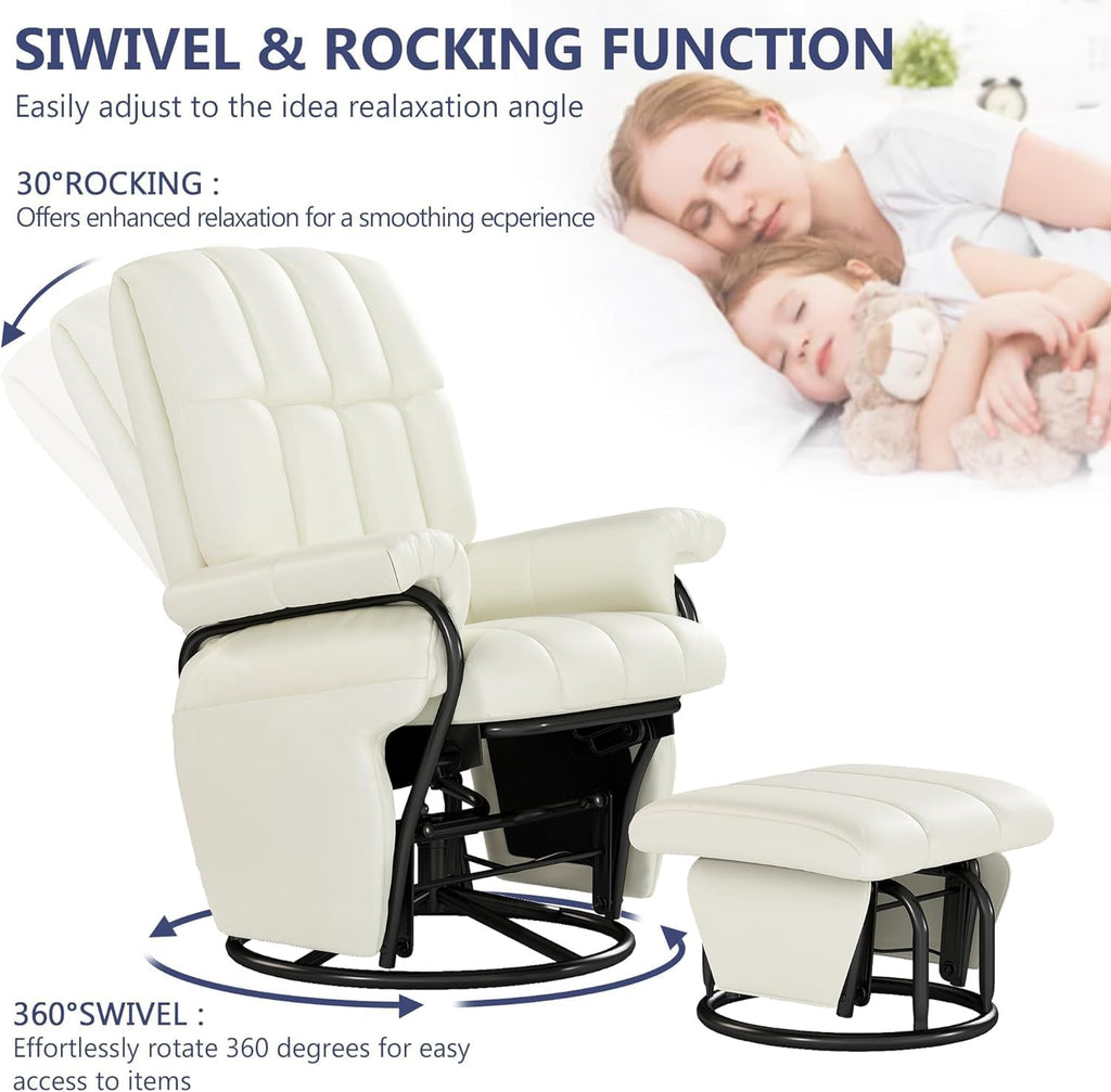 AODAILIHB 360° Swivel Glider Recliner with Ottoman, Nursing Glider Rocking Chair with Foot Rest & 2 Side Pockets for Nursery, Living Room, Bedroom, Office, White