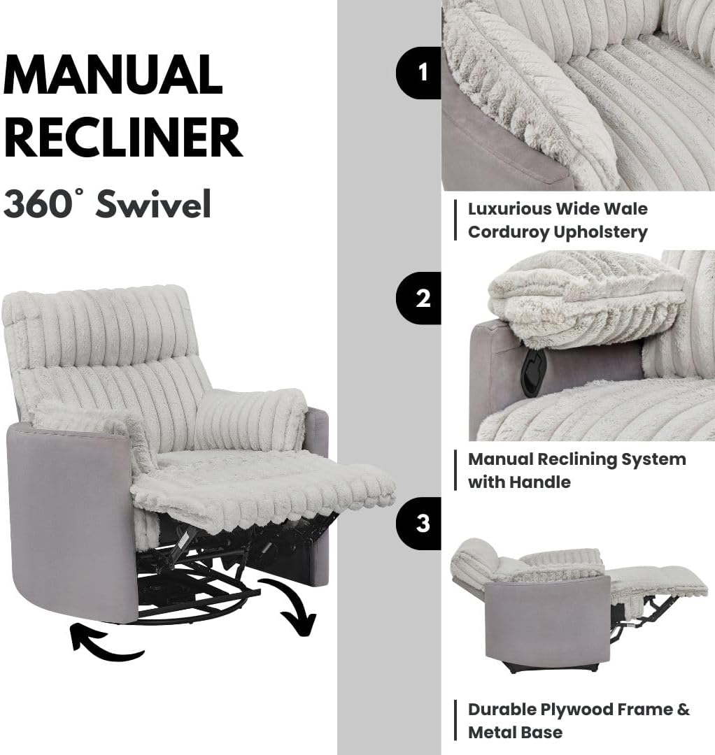 Power Swivel Rocker Recliner for Adults, Cozy Corduroy Recliner Chair with 2 Pillows for Bedroom, Electric Glider Rocking Nursery Chairs for Living Room (Light Grey)