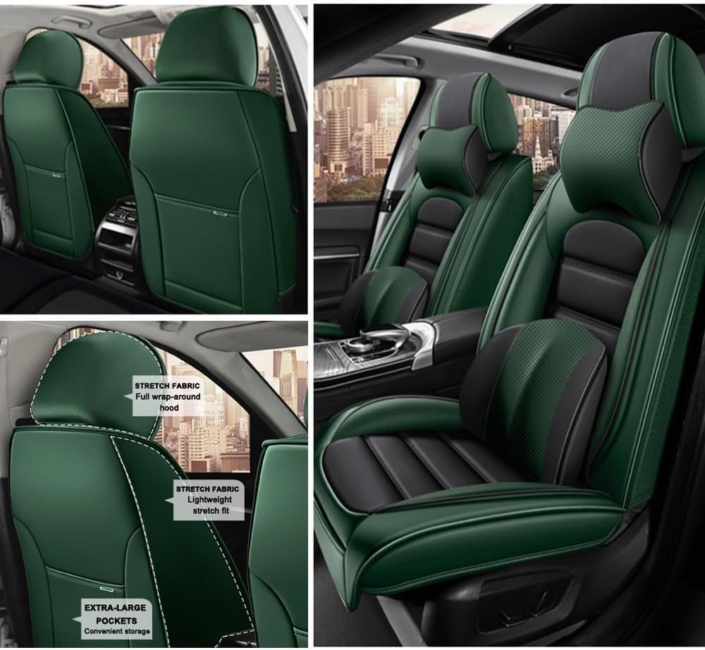 2 Seat Covers for Subaru Crosstrek 2016-2024 Leather Car Seat Covers Waterproof Anti-Slip Soft Car Seat Protectors Comfort Automotive Seat Covers with Airbag（Luxury,Black+Green）