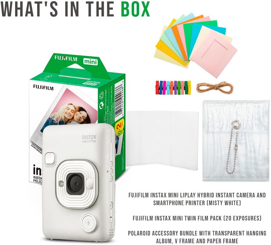 Fujifilm Instax Mini LiPlay Hybrid Instant Camera and Smartphone Printer (Misty White) Bundle with Instax Mini Twin Film Pack (20 Exposures), and Accessory Kit (3 Items)