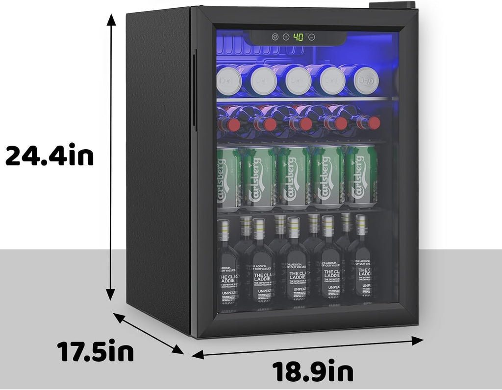 95 Can Mini Fridge - 2.6 Cu.Ft Beverage Refrigerator with Reversible Glass Door for Soda Wine Beer, Adjustable Temperature Control for Home Office Bar, Black(40-61 ℉)