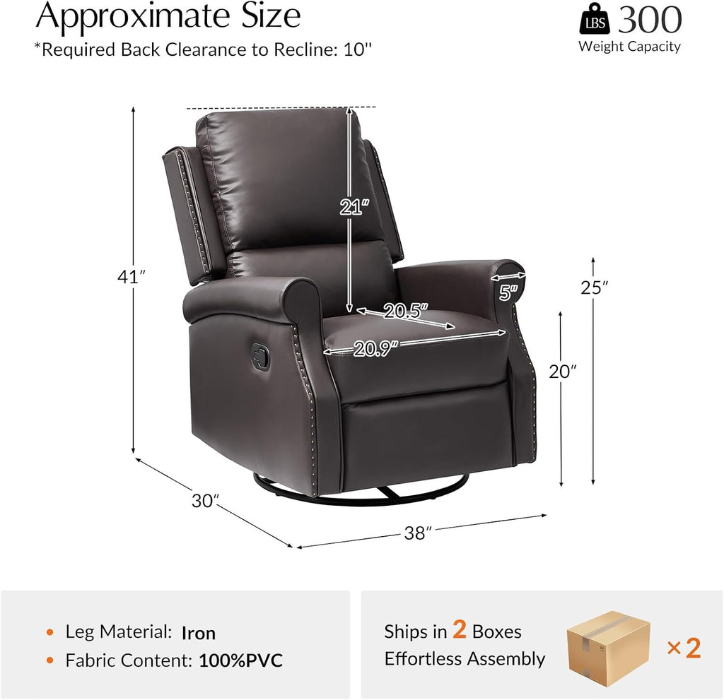 HULALA HOME Faux Leather Swivel Rocker Recliners Set of 2 with Adjustable Backrest and Footrest, Push Back Recliner Chairs with Nailhead Trim, Swivel Glider Rocking Chairs for Living Room, Brown