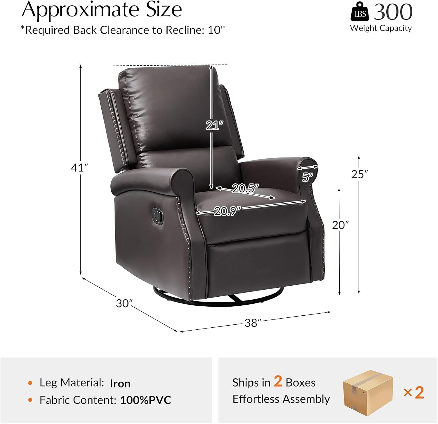 HULALA HOME Faux Leather Swivel Rocker Recliners Set of 2 with Adjustable Backrest and Footrest, Push Back Recliner Chairs with Nailhead Trim, Swivel Glider Rocking Chairs for Living Room, Brown