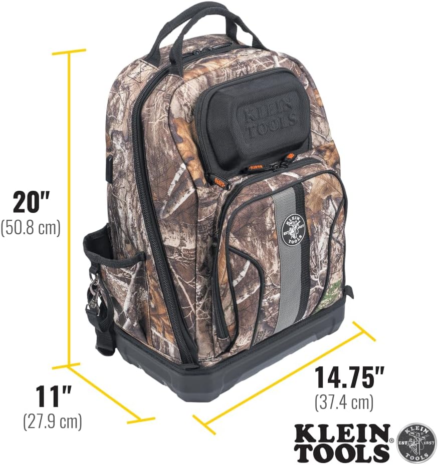 Klein Tools 62800BPCAMO Backpack Tool Bag, Tradesman Pro Extra-Large 40-Pocket Jobsite Camo Tool Backpack with Molded Bottom, Charging Port