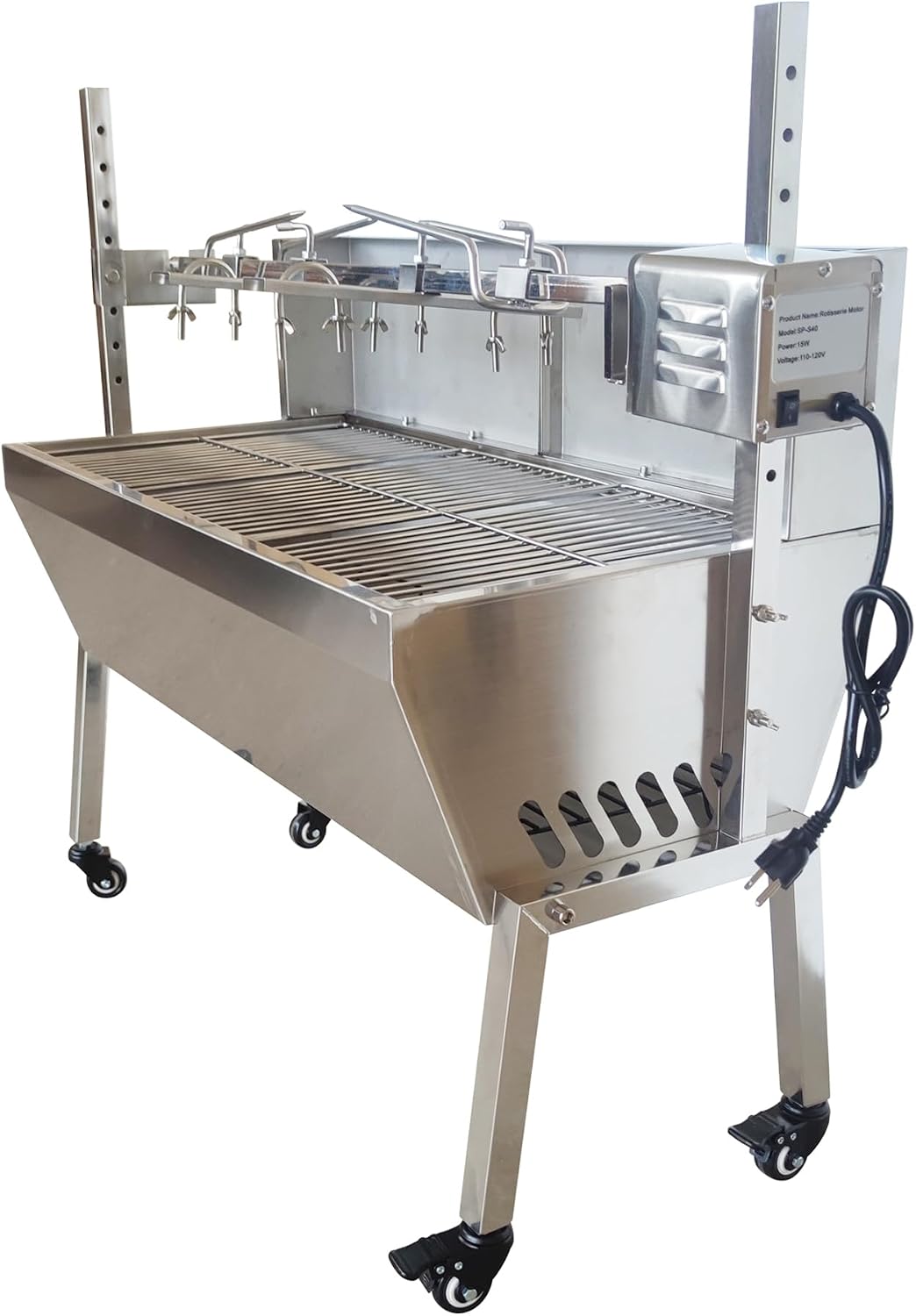 Rotisserie Charcoal Grill, Stainless Steel BBQ Grill with Adjustable Height, 35.4' Portable Grill for Outdoor Parties and Backyard Use 110V 15W