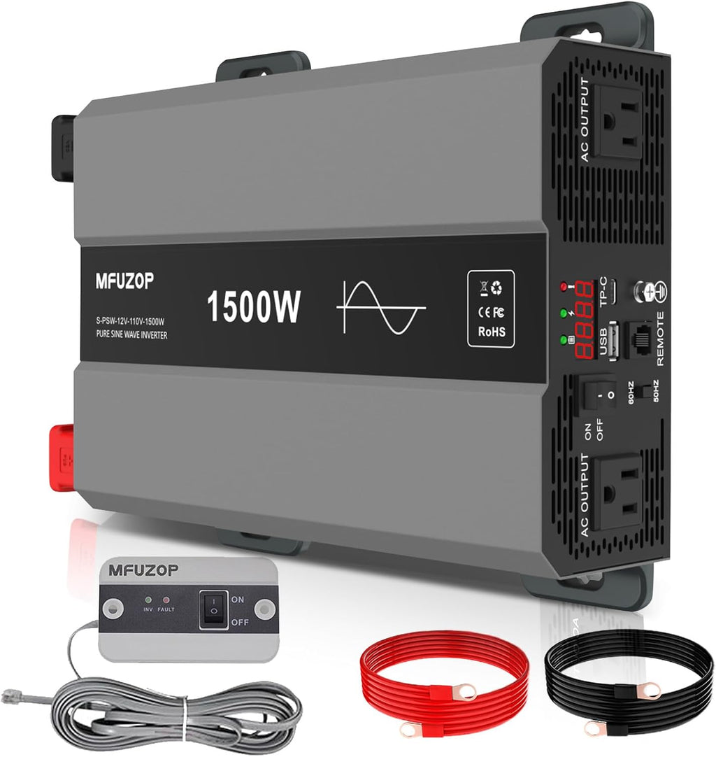 Pure Sine Wave Inverter 1500W Power 12V DC to 110V 120V AC Converter 3000W Peak Power Inverter with Dual AC Outlets USB Port Type-C Remote Control LCD Display for Truck RV Vehicles Solar