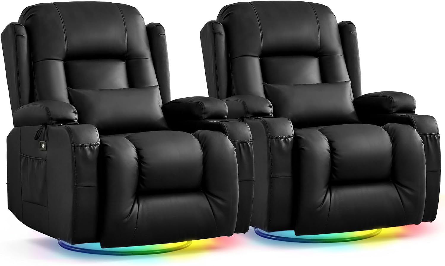 URRED Rocker Recliner Chair for Adults, 270° Swivel Glider Reclining Single Sofa with LED Ambient Light and Storage, Faux Leather Recliner for Living Room or Home Theater (Black, Set of 2)