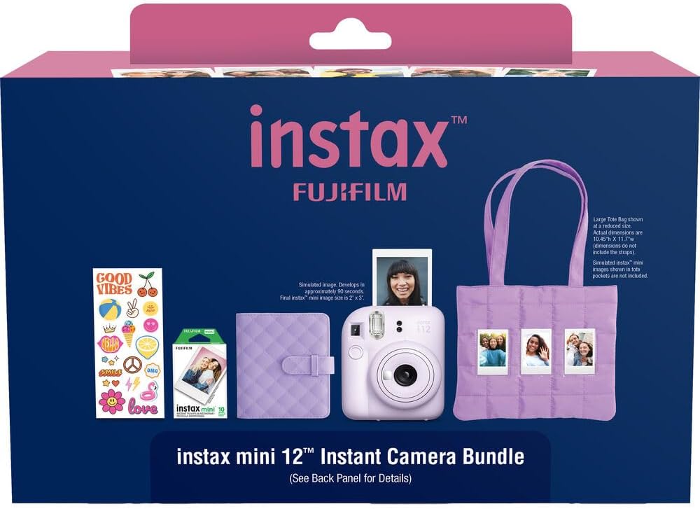 FUJIFILM instax mini 12 Instant Film Camera Holiday Bundle (Lilac Purple) with 2 x Instax Mini Instant Film - Foil Pack and Microfiber Cloth