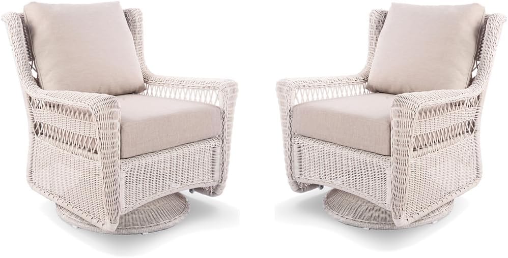 Park Meadow Patio Wicker Swivel Rocking Chairs Set of 2, Hand-Woven HDPE Rattan with 360° Swivel & Deep Seat Cushions for Backyard Porch Deck (Taupe Beige/Off-White)