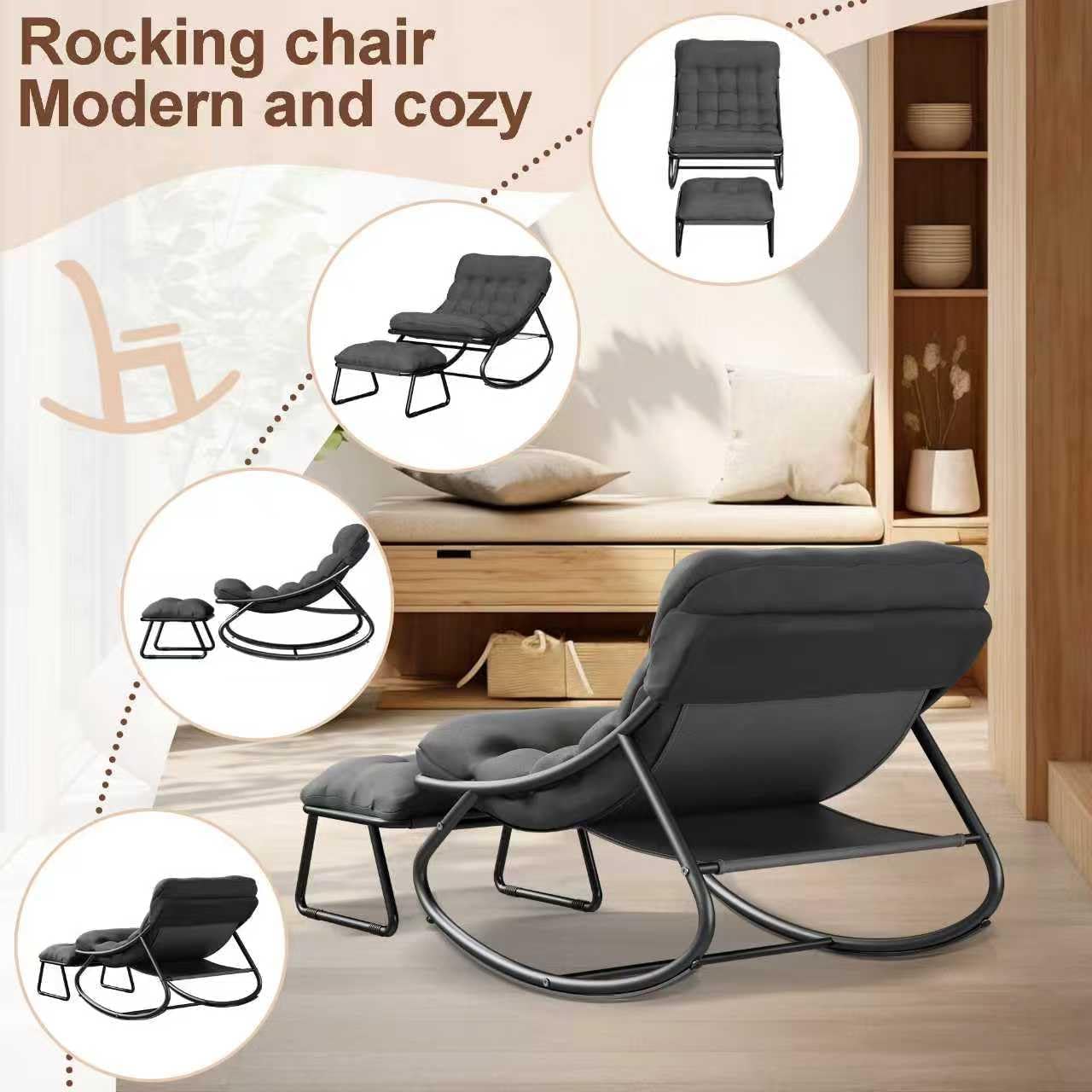 Outdoor and Indoor Rocking Chairs, Comfy Patio Chair, Rocking Chair with Ottoman and Sturdy Metal Frame, Balcony Chairs with Thickened Cushion, Silla Mecedora for Patio Porch Garden Living (Grey)
