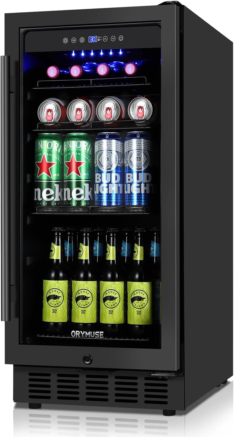 ORYMUS 15 Inch Beverage Refrigerator, 130 Cans Drink Fridge with Glass Door & Lock, Under Counter or Freestanding Beverage Cooler for Soda, Beer & Water, Upgraded Quiet Compressor, Memory Temp, Black