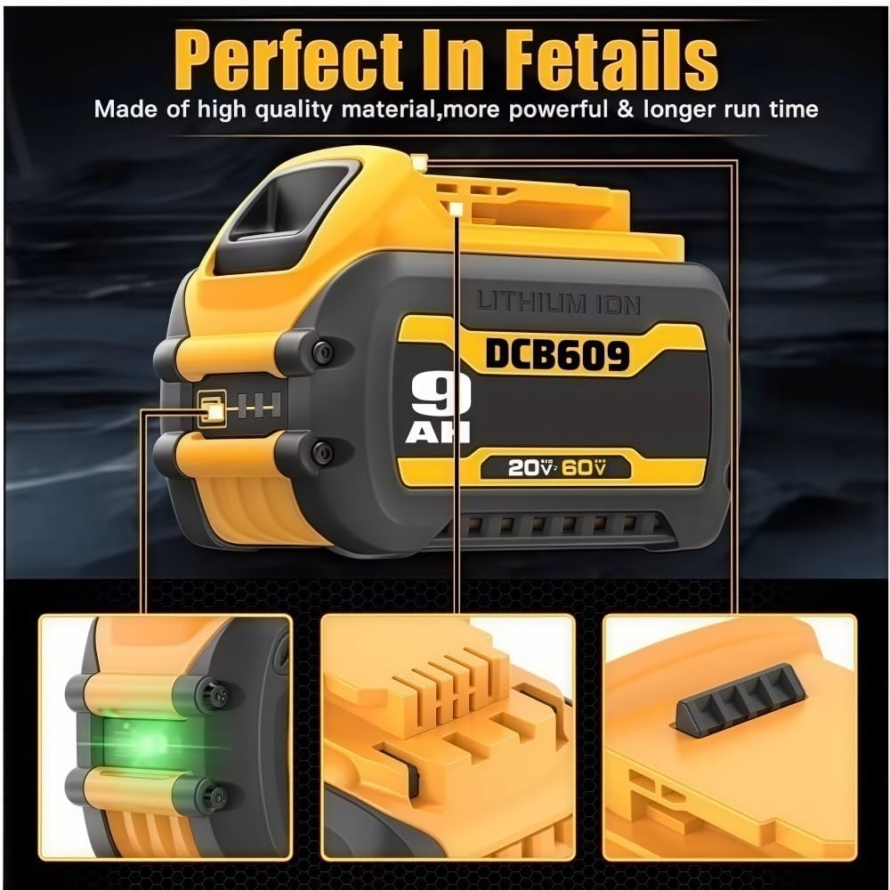 LINGYUE DCB609 9.0Ah Lithium Ion Battery - Compatible with Dewalt 20V/60V Flex-Volt MAX DCB612 DCB615 DCB200 DCB180 DCB182 Cordless Power Tool Packs(2PACK)