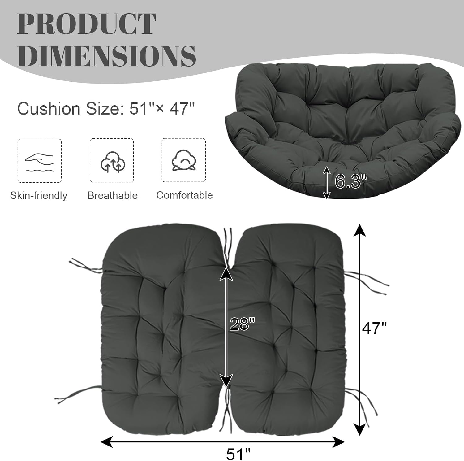 Thickened Waterproof Papasan Rocking Chair Cushion, 6.3'' Patio Egg Chair Pad with Ties, Outdoor/Indoor Rattan Hammock for Porch, Garden, Balcony(Only Cushion not Chairs) (Dark Grey)