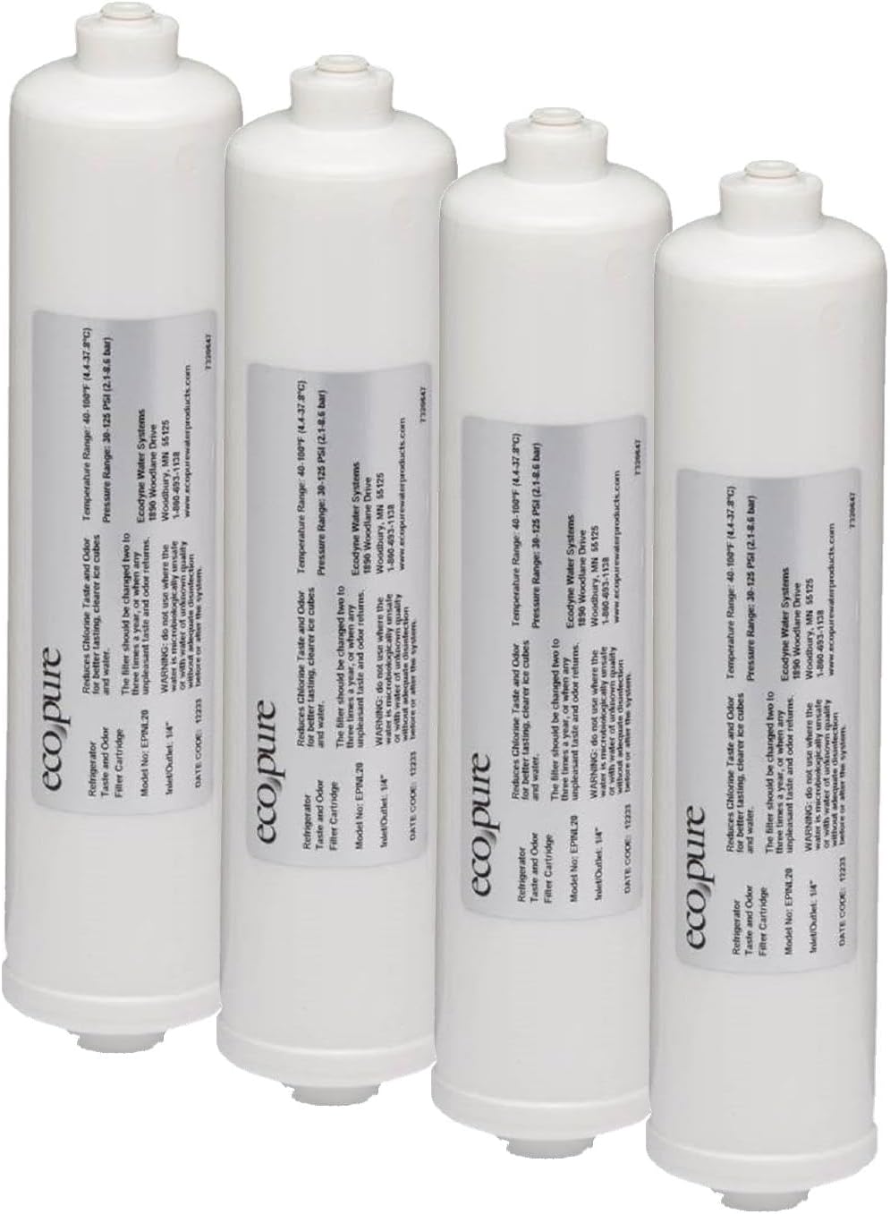 EcoPure EPINL40 Deluxe In-Line Refrigerator Water and Icemaker Filter - Universal, Fits All Major Brand Refrigerators - High Capacity - Built to Last, White (Pack of 4)