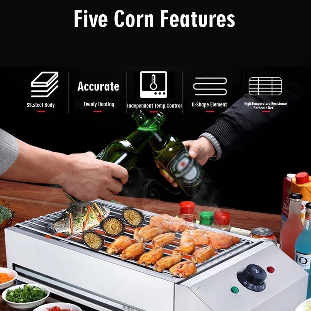 Portable Smokeless BBQ Grill Kebab Machine, 2600W Electric Heating Tube Seafood Meat BBQ Grill Machine, Temperature Control, Countertop Stainless Steel BBQ Griddle with Drip Tray for Garden Party