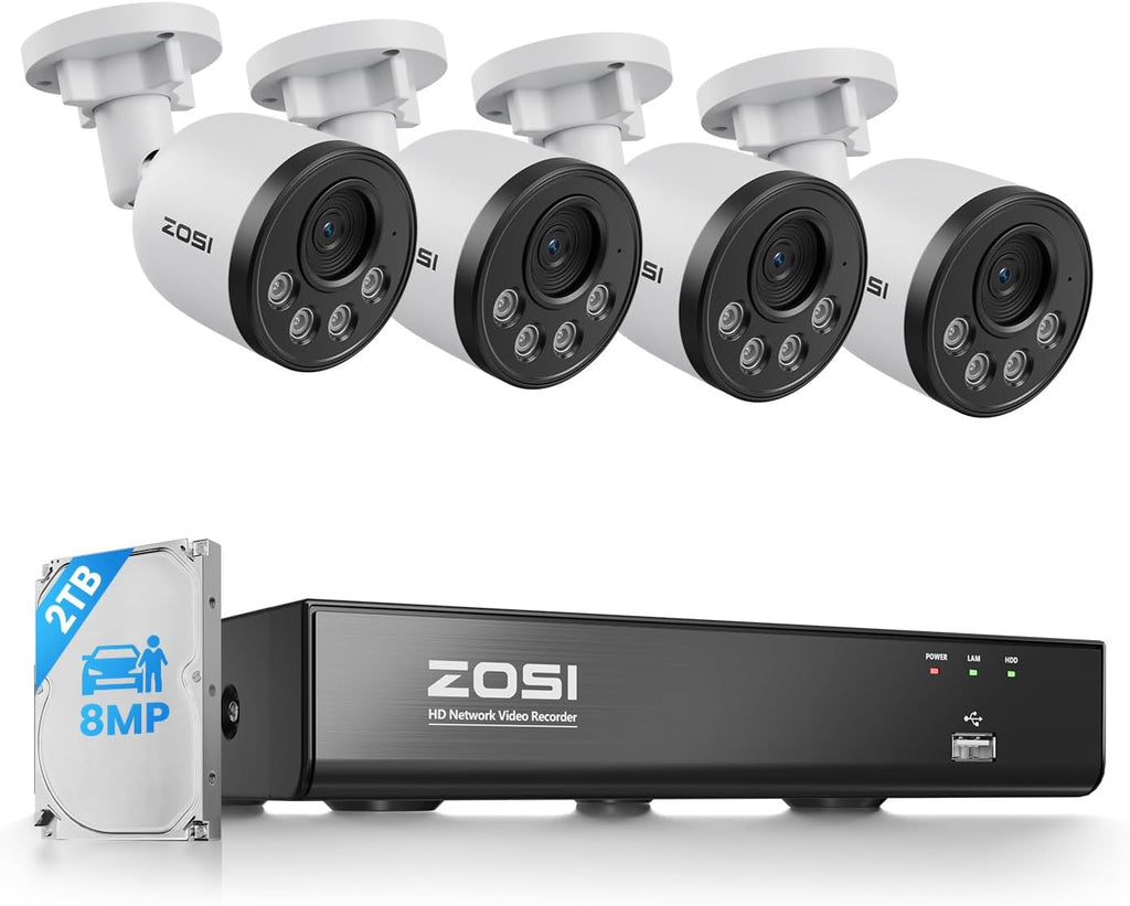 ZOSI 4K PoE Security Camera System, 4pcs 8MP Indoor Outdoor Wired Cameras with Audio, Smart Person Vehicle Detection, People Counting, Night Vision, 8CH CCTV NVR with 2TB HDD for Home 24/7 Recording