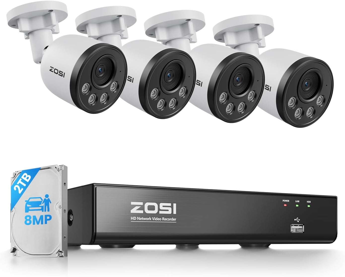 ZOSI 4K PoE Security Camera System, 4pcs 8MP Indoor Outdoor Wired Cameras with Audio, Smart Person Vehicle Detection, People Counting, Night Vision, 8CH CCTV NVR with 2TB HDD for Home 24/7 Recording