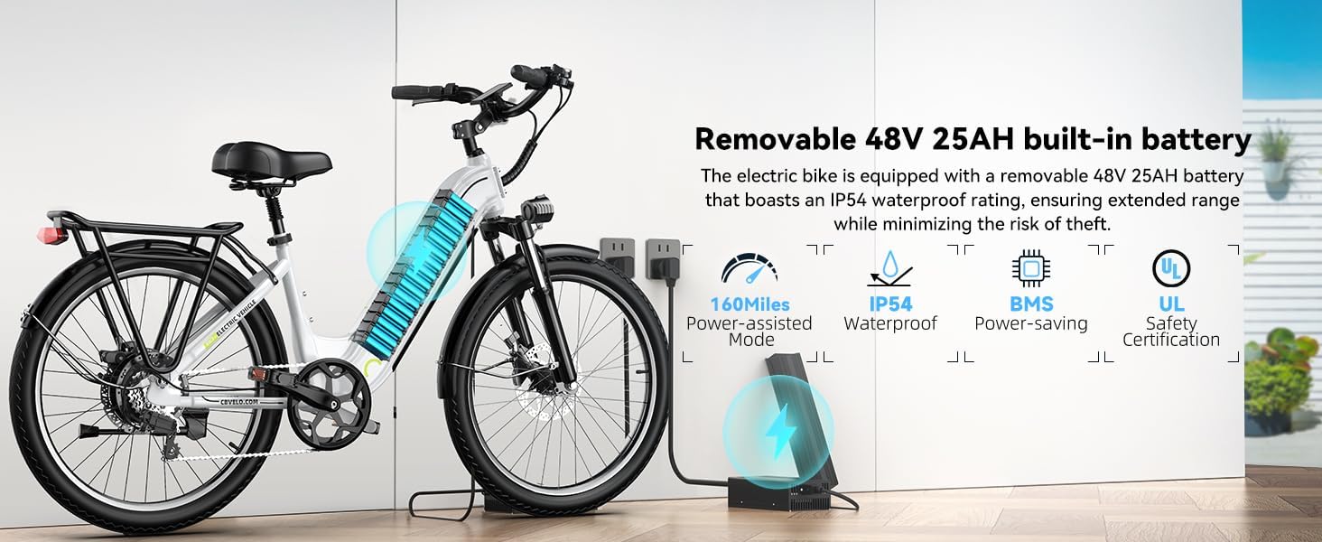 750 Peak Electric Bike for Adults,up 80 Miles Removable Battery Ebike, 26' Electric E Bike with 7-Speed,Adult Electric Bicycles for Commute Beach Snow White Womens All Terrain