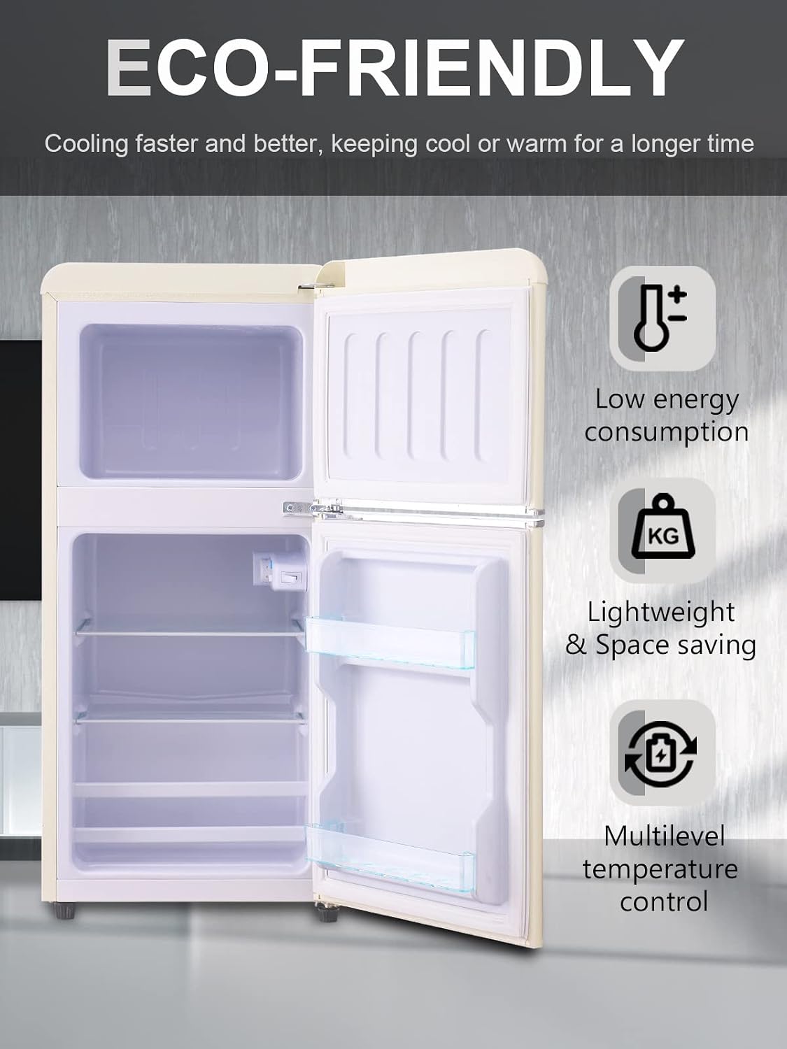 KRIB BLING 3.5 Cu.ft Refrigerators with Freezer, Fridge with 7 Level Temp Adjustable Thermostat, Fridge for Apartment, Office, Basement, Cream