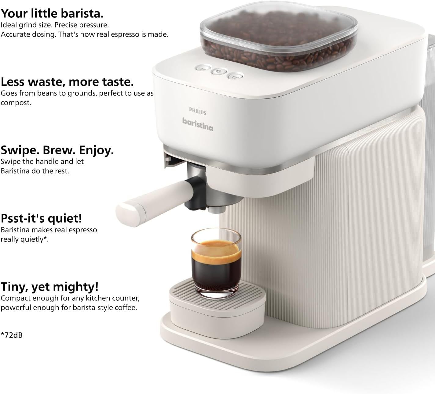 Philips Baristina Espresso Machine+Milk Frother Bundle. Real espresso. Compact coffee machine,portafilter, grinder, Cafe Crema. Dairy & Non-Dairy Milk foam. Hot & Cold. Easy Clean. White (BAR303/00)