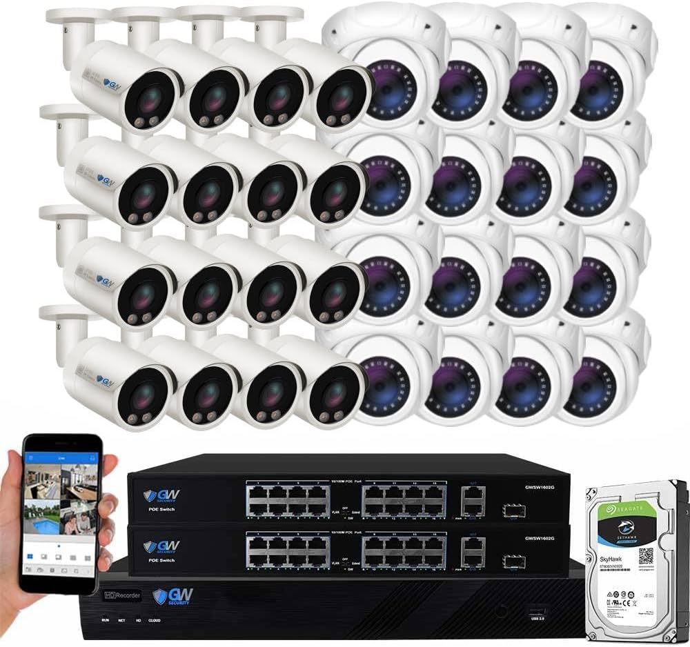 GW Security 32 Channel 12MP NVR 4K AI Face Recognition Human & Vehicle Detection Security Camera System with 32 UHD 8MP 2160P PoE Microphone Outdoor/Indoor Weatherproof IP Security Cameras (White)