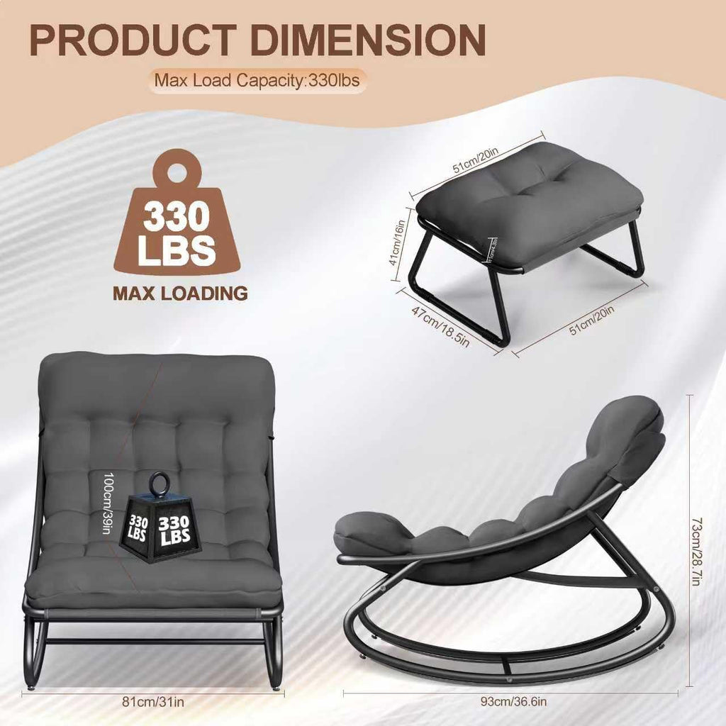 Outdoor and Indoor Rocking Chairs, Comfy Patio Chair, Rocking Chair with Ottoman and Sturdy Metal Frame, Balcony Chairs with Thickened Cushion, Silla Mecedora for Patio Porch Garden Living (Grey)