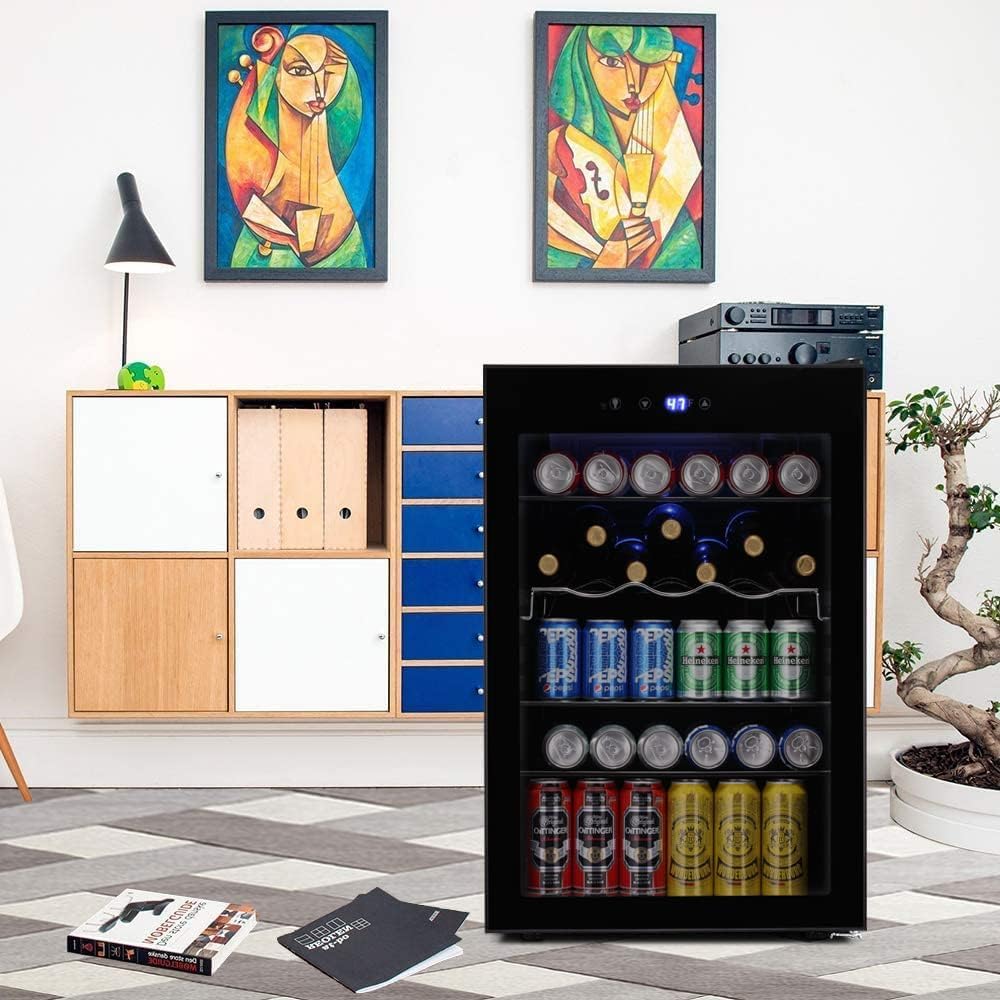 Kismile 4.5 Cu.ft Beverage Refrigerator and Cooler,145 Can Mini Fridge Glass Door with Digital Temperature Display for Soda,Beer or Wine,small Drink Dispenser Cooler for Home,Office or Bar (Black)