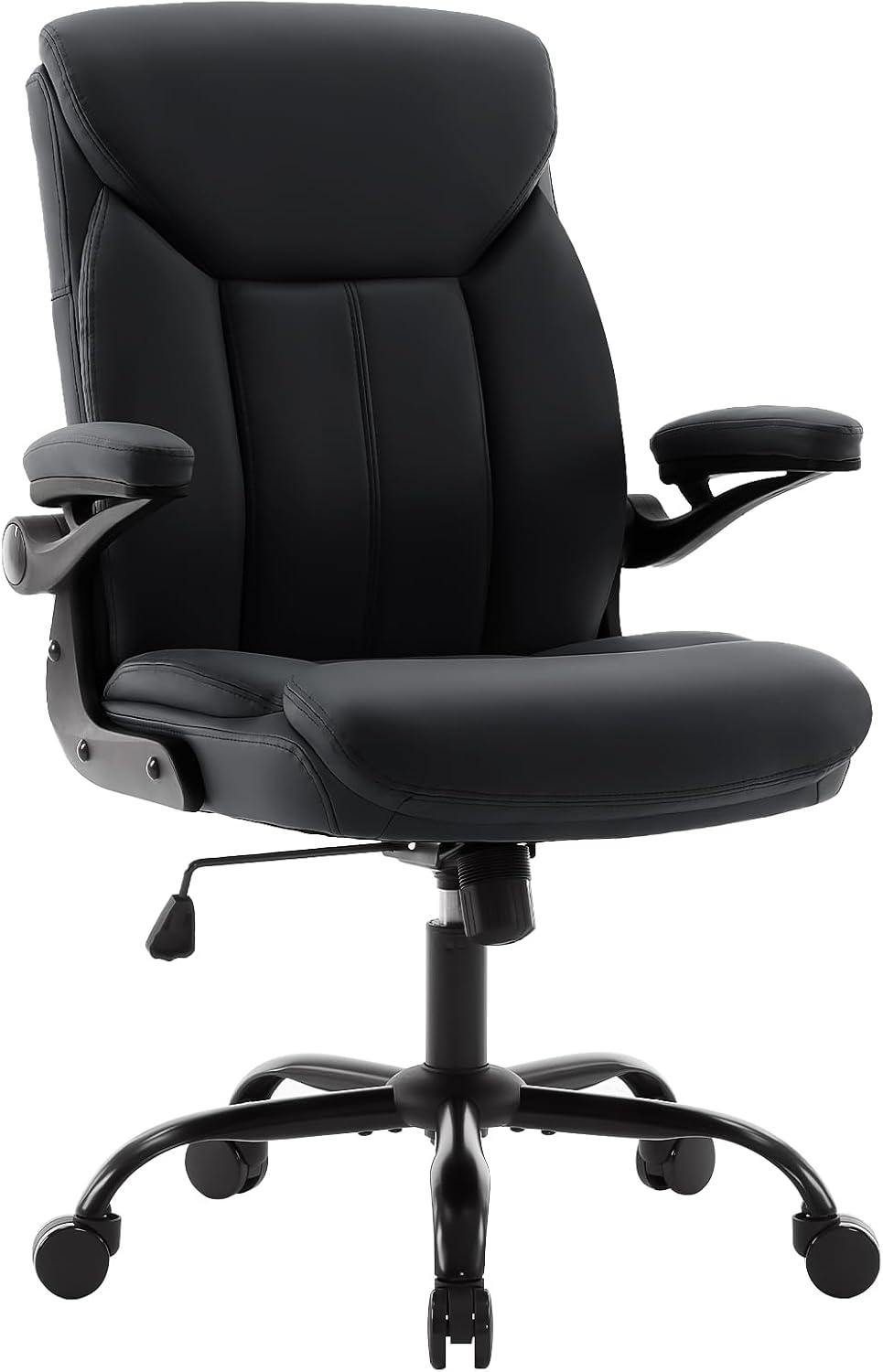 PU Leather Office Chair Comfy Home Office Desk Chairs, Ergonomic Executive Chair with Tilt Lock Back Support 360° Swivel, Small Computer Chair with Wheels and Padded Flip-Up Arms | Black