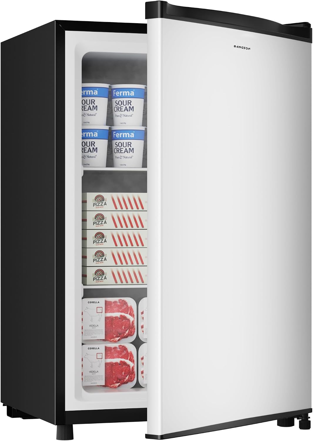 BANGSON 3.0 Cu.ft Compact Upright Freezer, Energy-Saving Mini Freezer with Adjustable Thermostat, Removable Shelves, Reversible Door, Ideal for Dorm/Office/Apartment, Silver