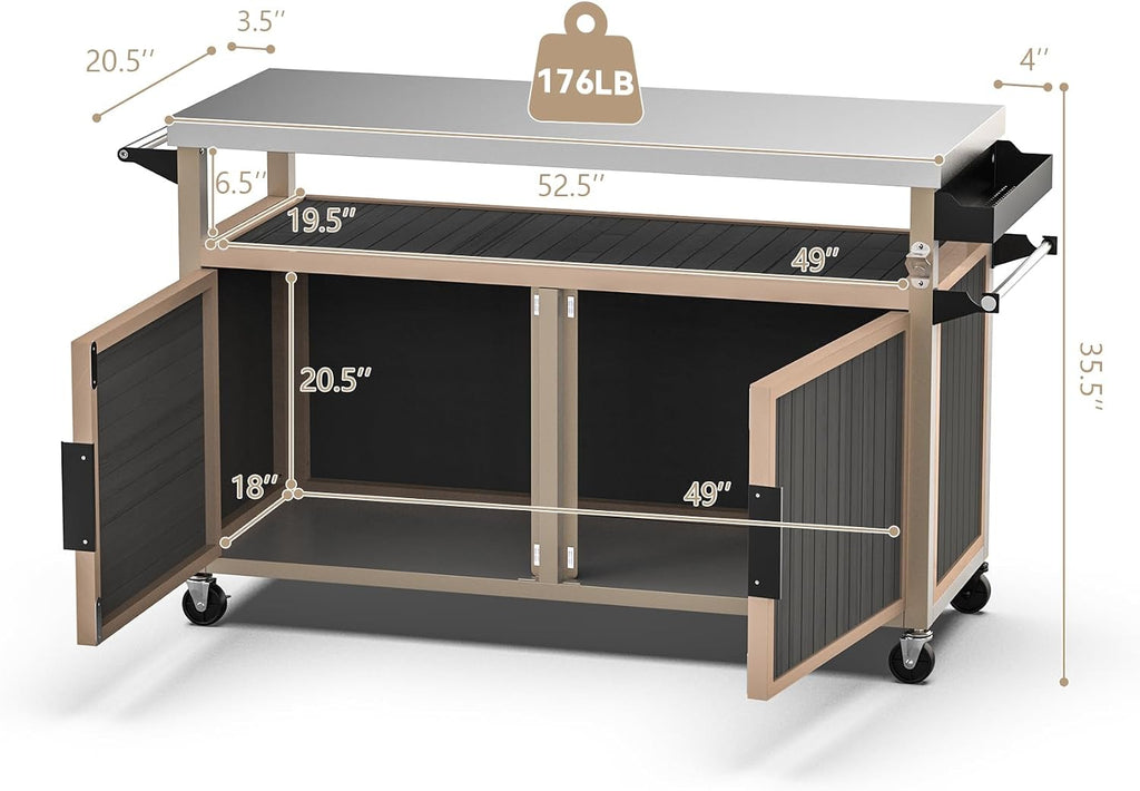 Skyflame Outdoor BBQ Storage Cabinet with Wheels, XL Stainless Steel Tabletop Grill Cart for Food Prep, Portable Kitchen Island Grilling Accessory for Patio, Backyard, Home Party, Bar