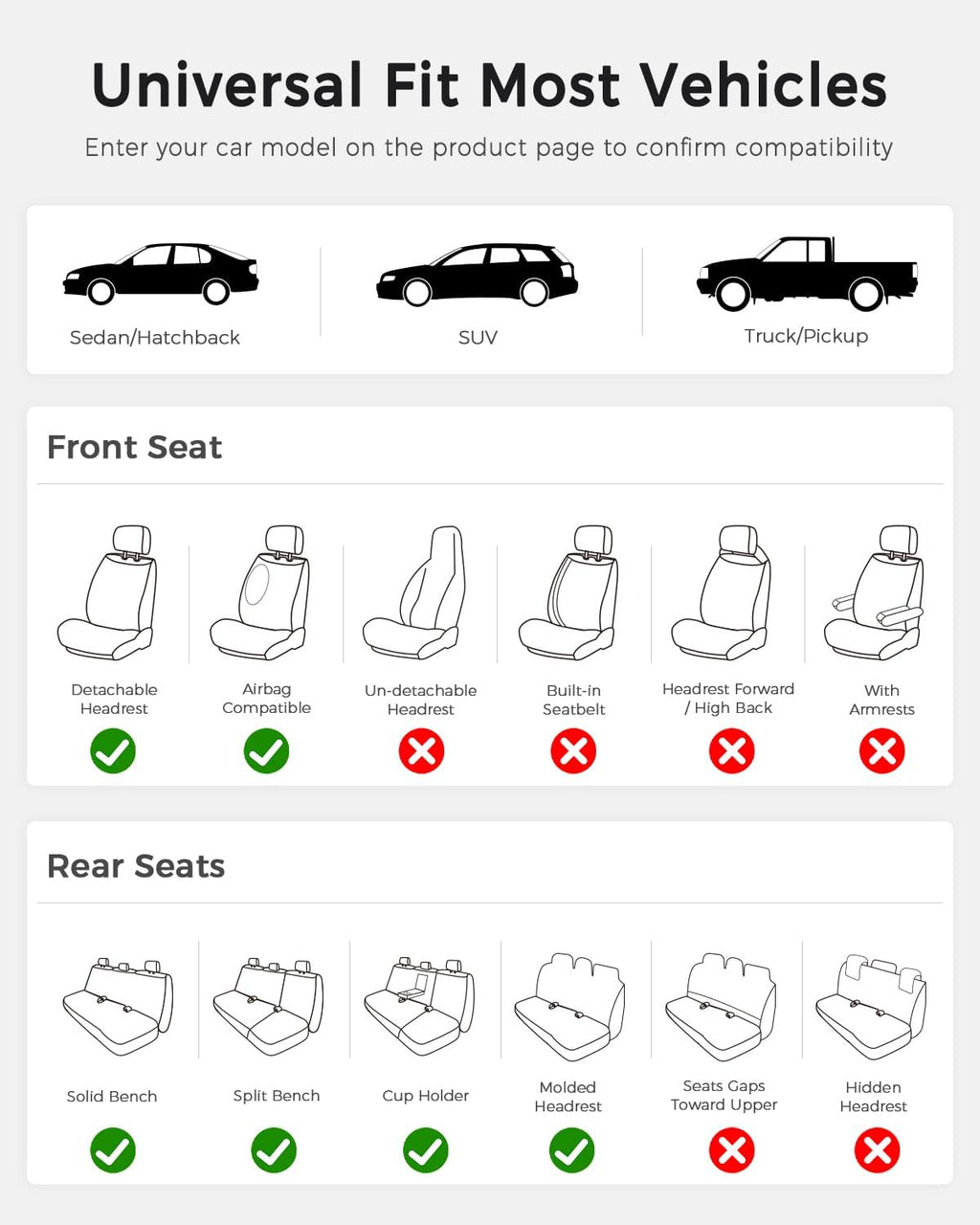 Huidasource Seat Covers, Nappa Leather Car Seat Covers, Velcro Adjustable, Compatible with Airbags, Child Seat, Seat Belts, Fit for Most Cars, Vans, Trucks, SUVs (Full Set/Black&Red)