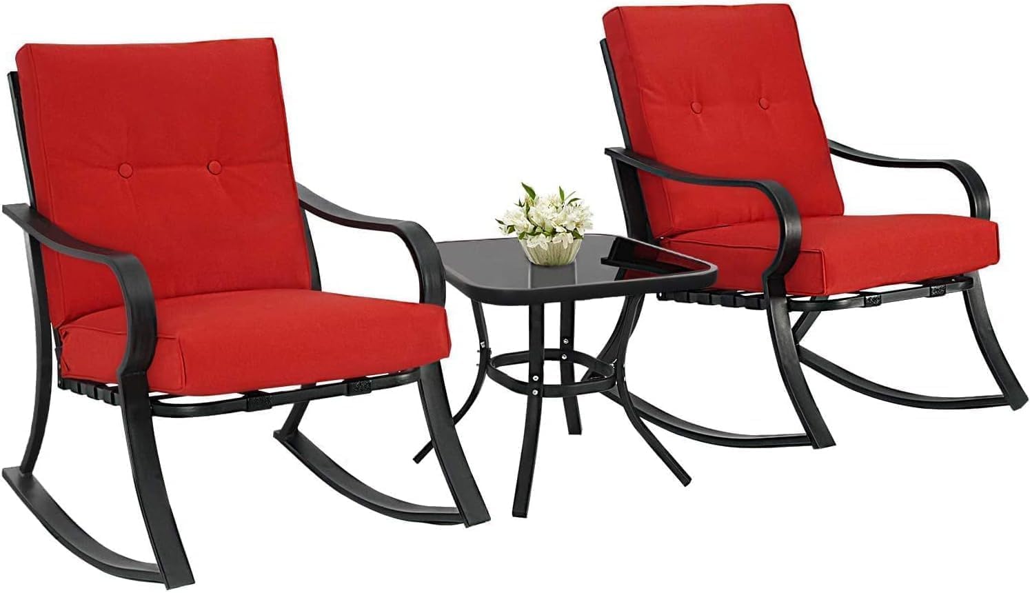 Oakcloud Oakmont Outdoor Furniture 3 Piece Conversation Bistro Set Rocking Chairs and Glass Top Table, Thick Cushions, Black Steel (Red)