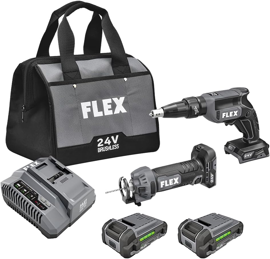 FLEX 24V Brushless Cordless 2-Tool Combo Kit: Drywall Screw Gun and Cut Out Tool with (2) 2.5Ah Lithium Battery and 160W Fast Charger - FXM203-2AA
