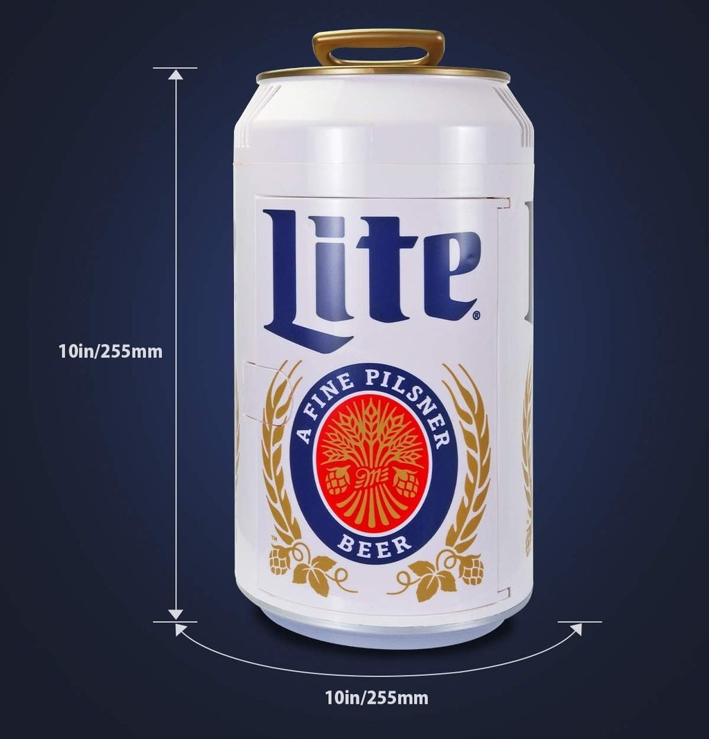 Miller Lite Mini Fridge - Refrigerator for Bedroom Office, Portable Table Top Beverage Cooler, 12V 110V Refrigerador For Drinks, Soda, Wines, Use In Car, Outdoor, Patio, 8 Can